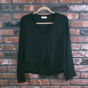 Babaton Aritzia Black Burnham V-neck Long Sleeve Chiffon Blouse Women's XXS